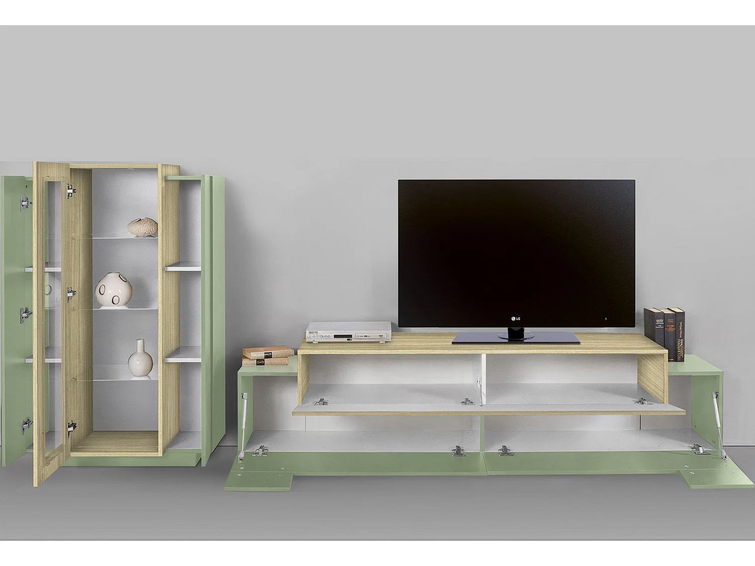 Parete Attrezzata Lazzate, Modulabile Made in Italy, Verde, Mobile Soggiorno, 10 Ripiani, Apertura a Ribalta, Battente