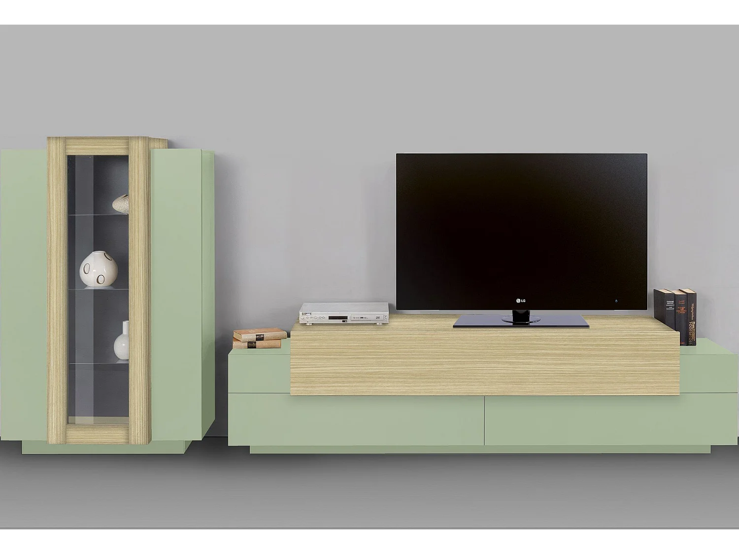 Parete Attrezzata Lazzate, Modulabile Made in Italy, Verde, Mobile Soggiorno, 10 Ripiani, Apertura a Ribalta, Battente
