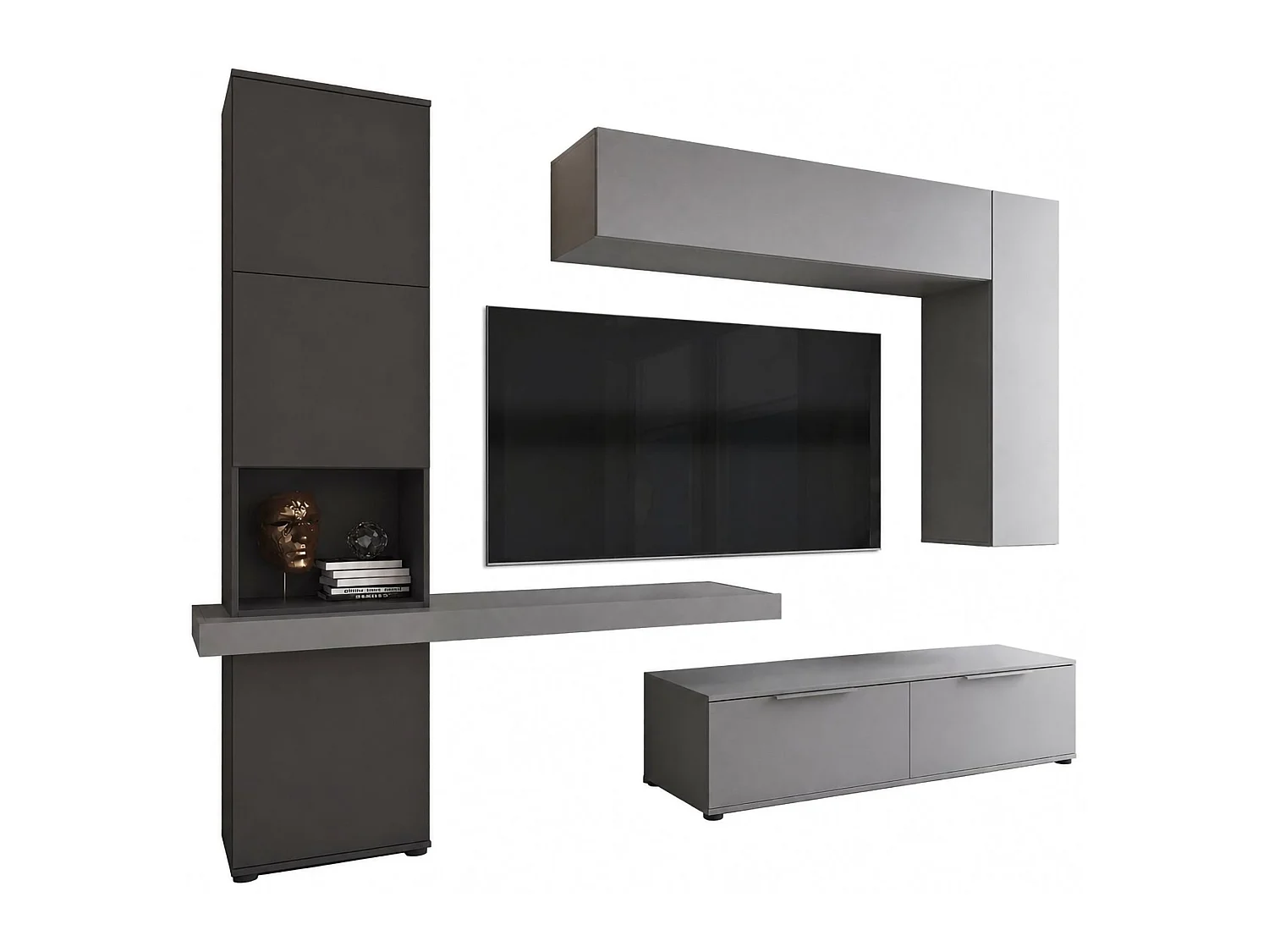 Wandregal Dubino, 9 Böden, Anthrazitschwarz, Wohnzimmerschrank, 2 Schubladen, Modulierbar