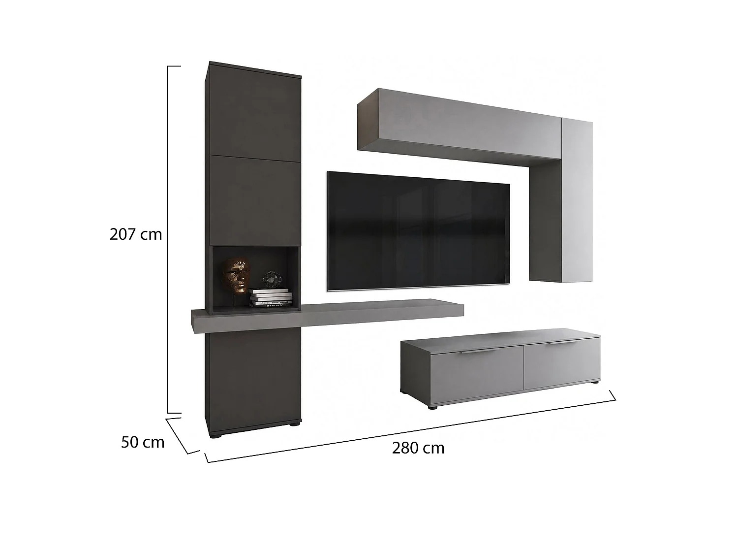 Wandregal Dubino, 9 Böden, Anthrazitschwarz, Wohnzimmerschrank, 2 Schubladen, Modulierbar
