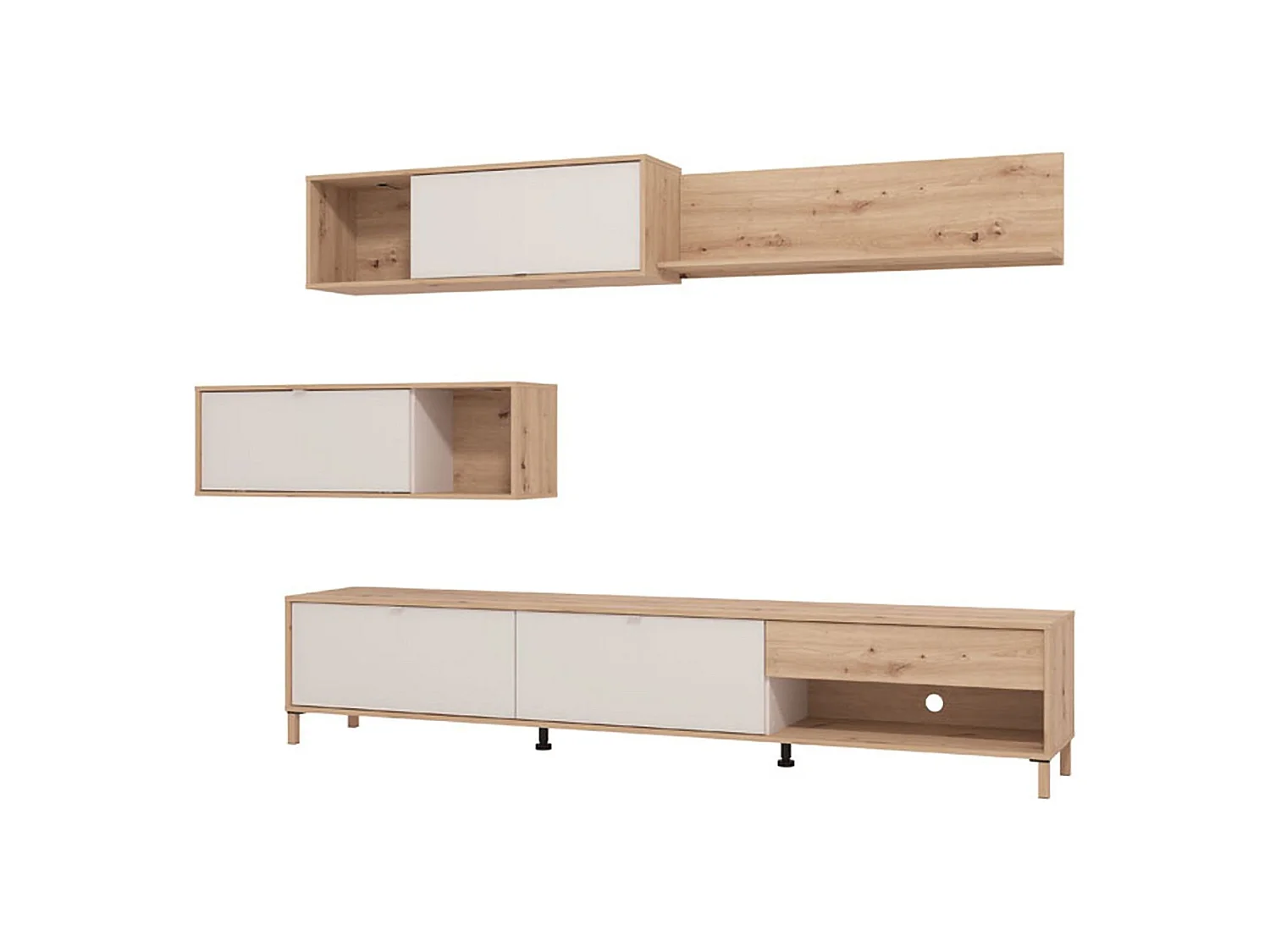 Parete Attrezzata Alunzio, 5 Ripiani, Bianco Crema, Mobile Soggiorno, un Cassetto, Modulabile
