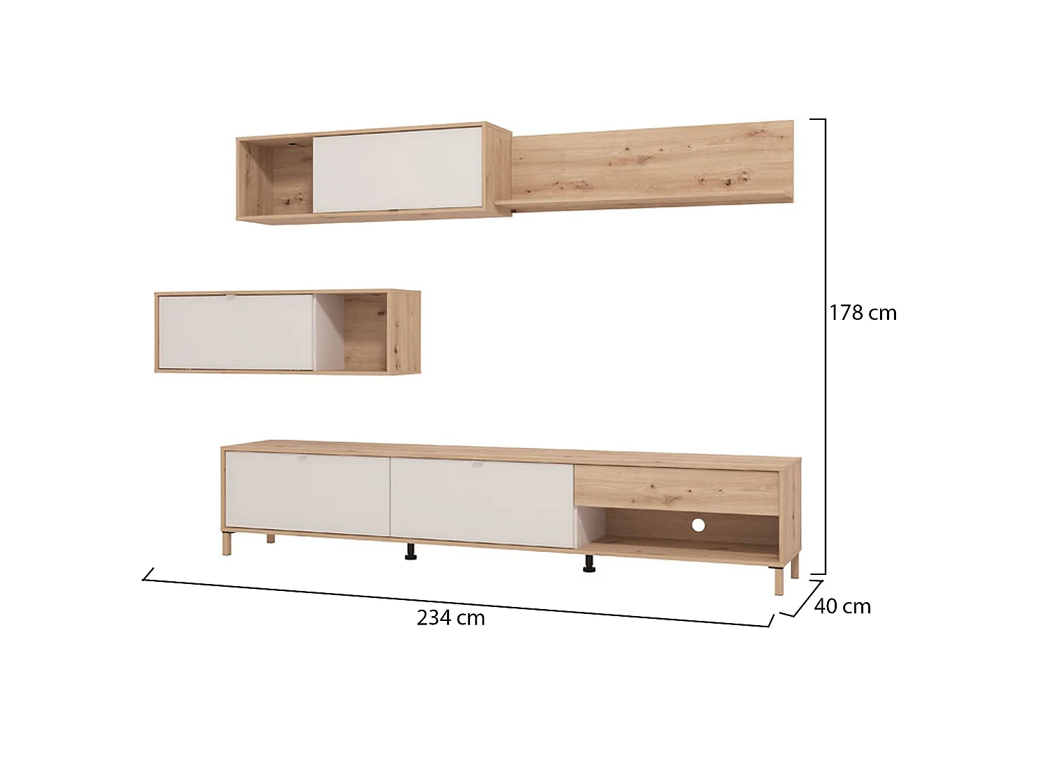 Parete Attrezzata Alunzio, 5 Ripiani, Bianco Crema, Mobile Soggiorno, un Cassetto, Modulabile