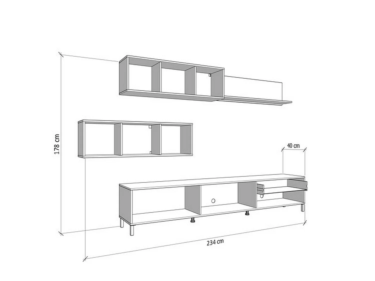 Parete Attrezzata Alunzio, 5 Ripiani, Bianco Crema, Mobile Soggiorno, un Cassetto, Modulabile