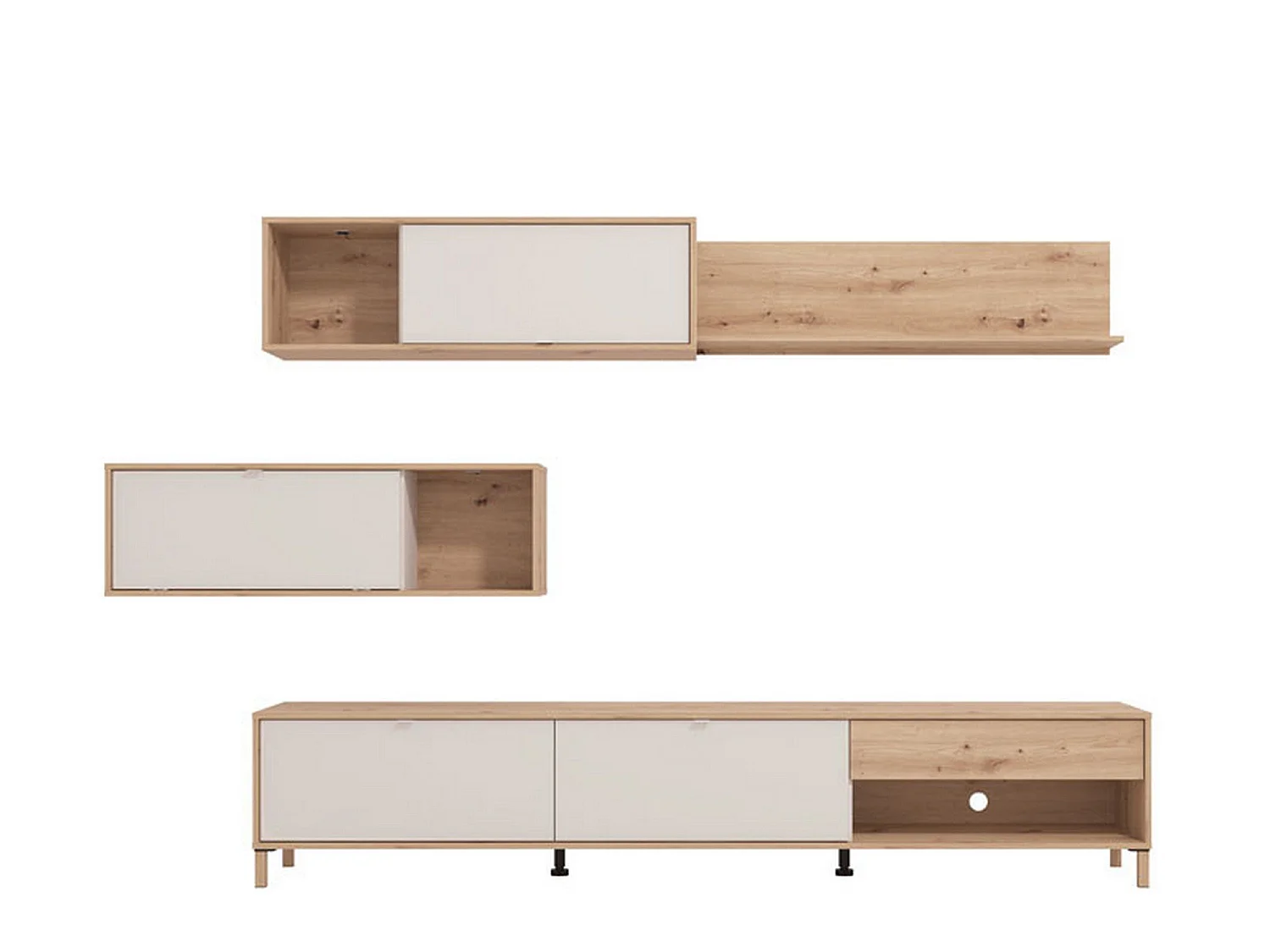 Parete Attrezzata Alunzio, 5 Ripiani, Bianco Crema, Mobile Soggiorno, un Cassetto, Modulabile