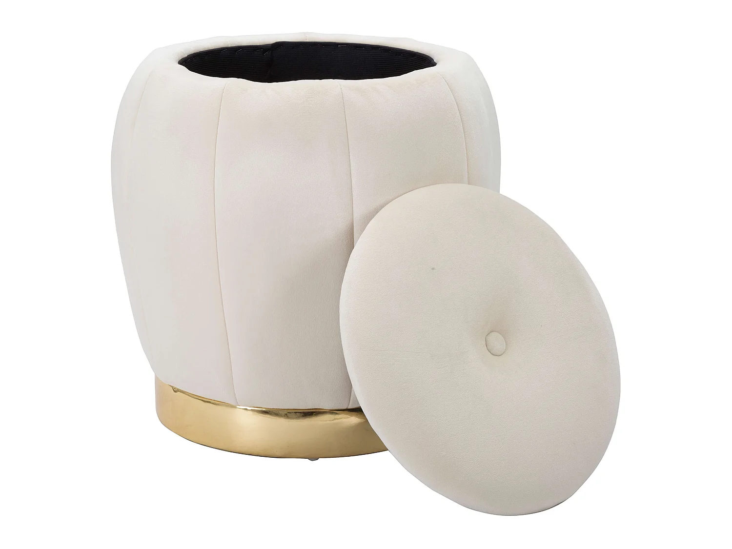 Pouf Contenant Trevel, Forme Ronde, 43x43x43h cm Blanc Crème, Structure dorée, Tissu