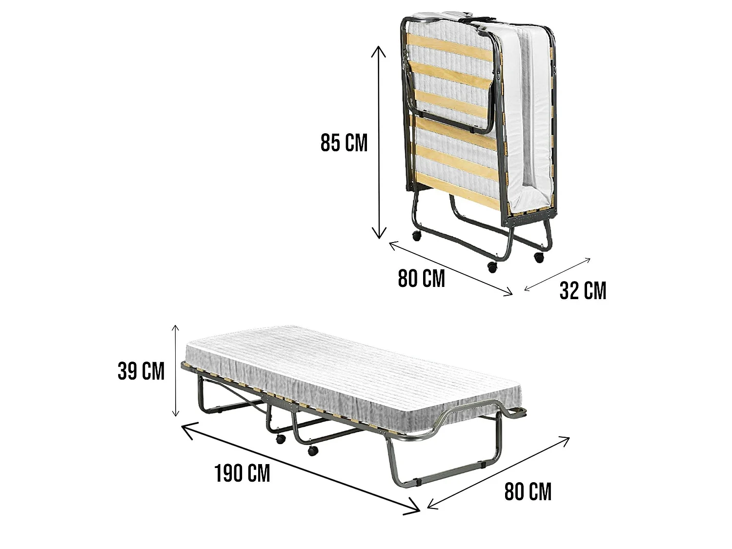 Cama Plegable Chiauci, Colchón Incluido Made in Italy, Blanco, Camastro, Tamaño Colchón 80x190x10 cm, Acolchado