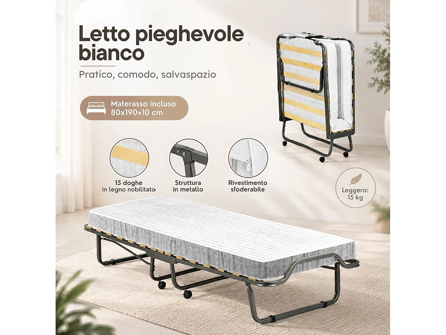 Lit Pliable Maristella, Matelas Inclus Made in Italy, Noir, Clic-Clac