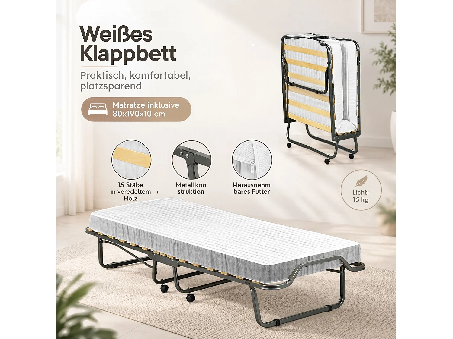 Lit Pliable Maristella, Matelas Inclus Made in Italy, Noir, Clic-Clac