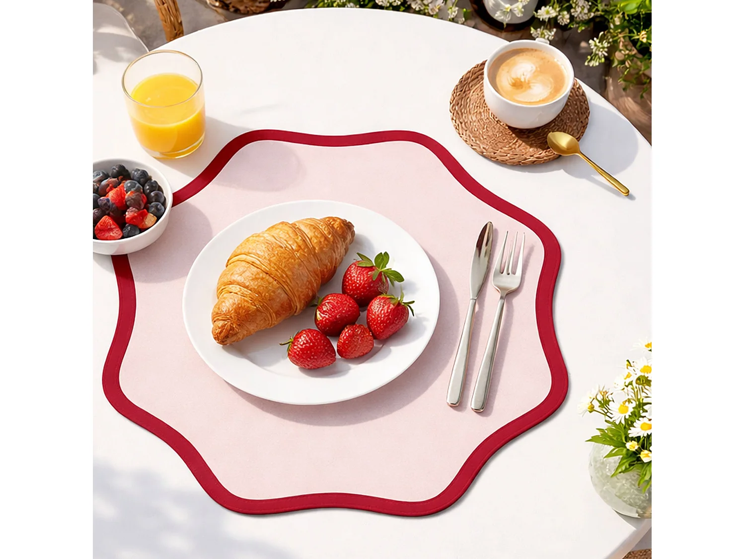 Tovaglietta Americana Hati, set da 6, Bordo Ondulato, Coppia Bicolore Made in Italy, 40x40 cm Rosso, Lavabile, Colore Struttura Rosa