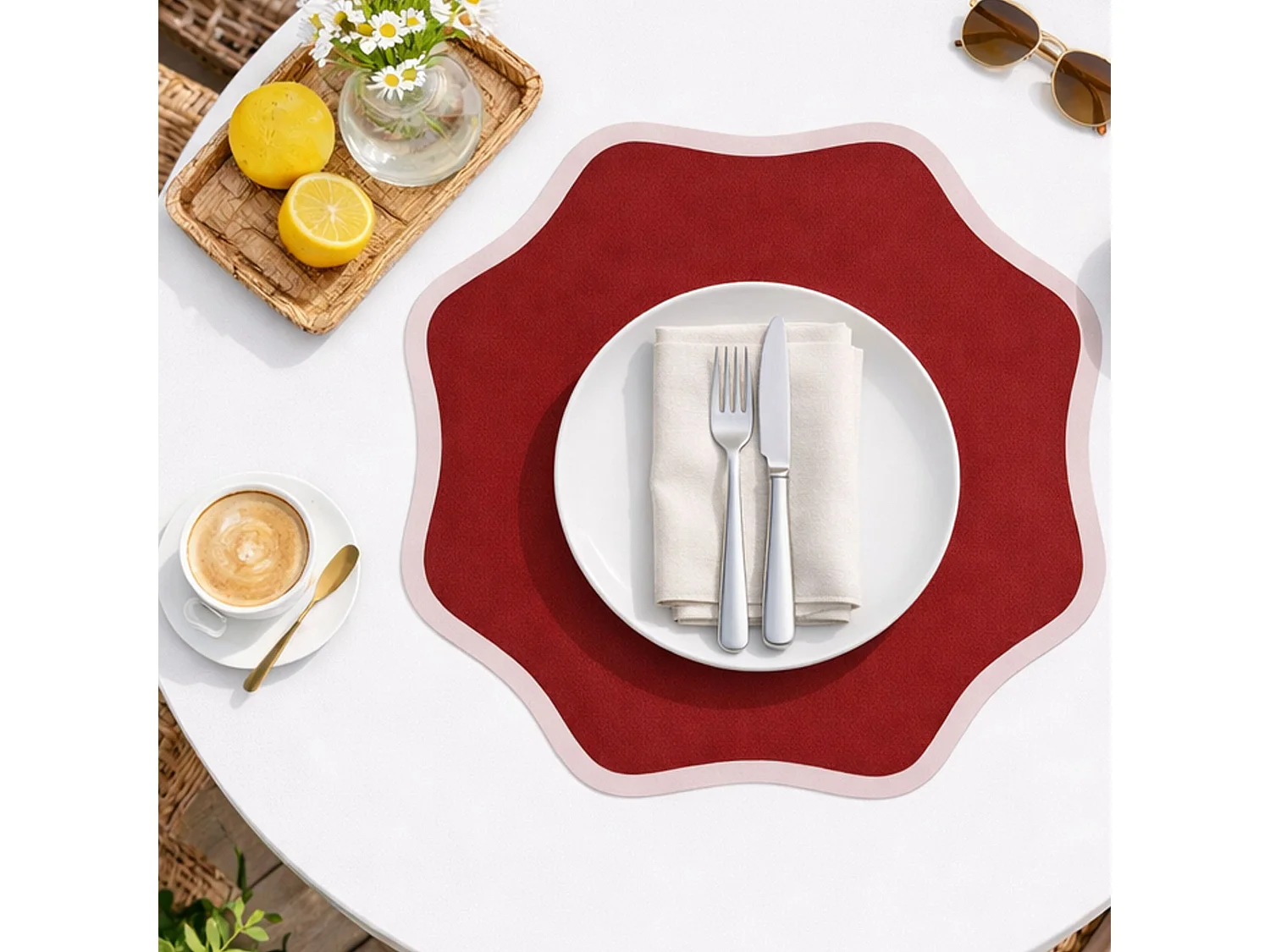 Tovaglietta Americana Hati, set da 6, Bordo Ondulato, Coppia Bicolore Made in Italy, 40x40 cm Rosso, Lavabile, Colore Struttura Rosa