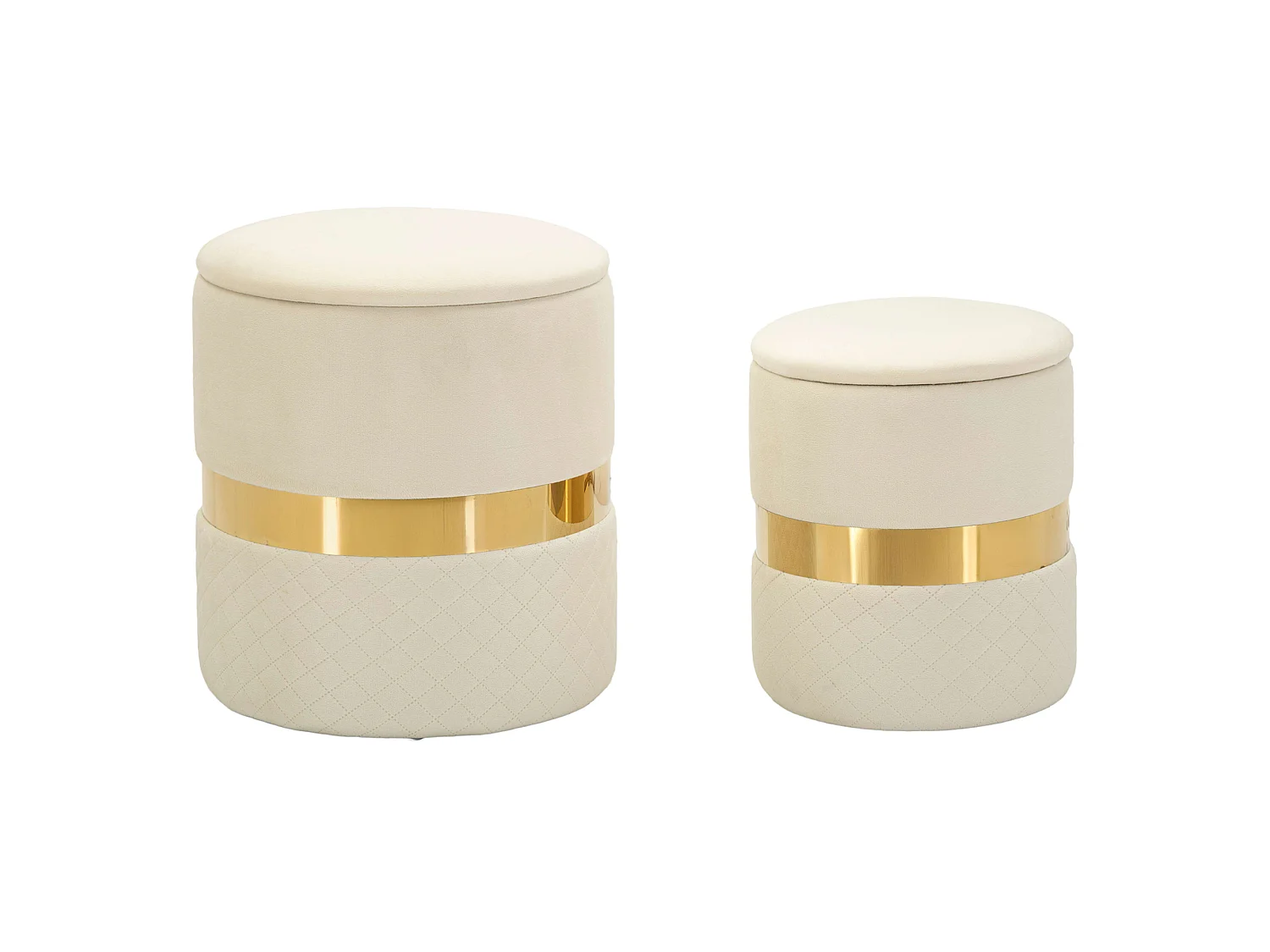 Pouf de rangement Maun, set de 2, 37x37x42h cm Blanc Crème, Forme Ronde, Structure couleur or
