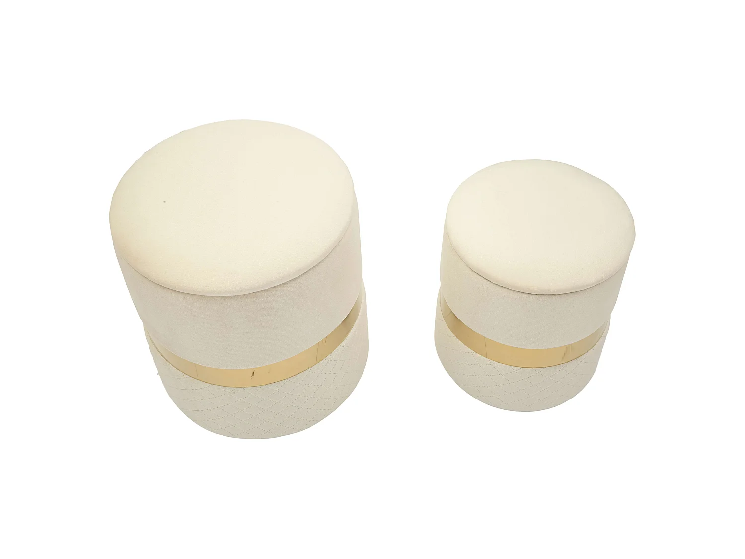 Pouf de rangement Maun, set de 2, 37x37x42h cm Blanc Crème, Forme Ronde, Structure couleur or