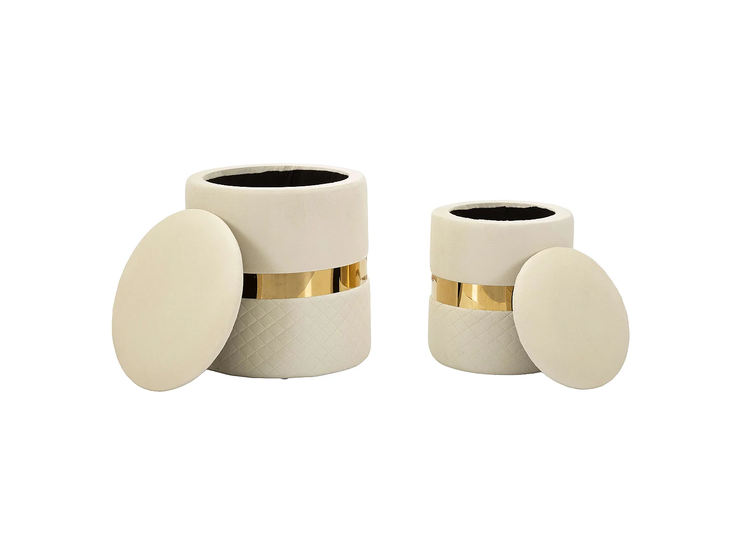 Pouf de rangement Maun, set de 2, 37x37x42h cm Blanc Crème, Forme Ronde, Structure couleur or