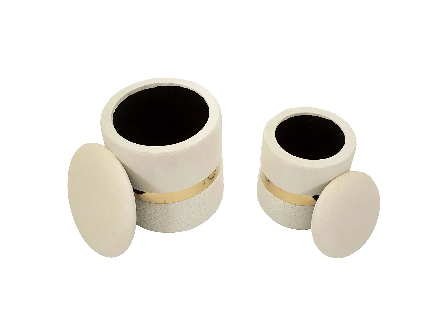 Pouf de rangement Maun, set de 2, 37x37x42h cm Blanc Crème, Forme Ronde, Structure couleur or