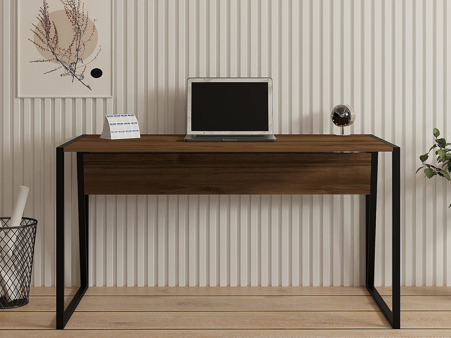 Bureau Frascati, un plateau, 140x70x74h cm Marron Noyer, teinte plateau noyer, structure noire