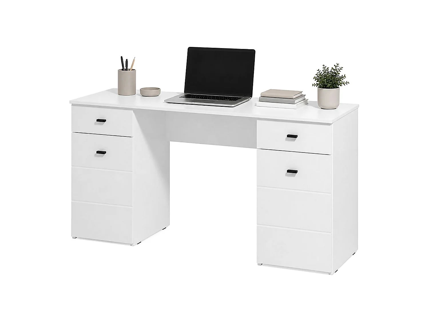 Scrivania Ziro, 2 Cassetti, 140x50x77h cm Bianco Opaco, 3 Ripiani, 2 Ante