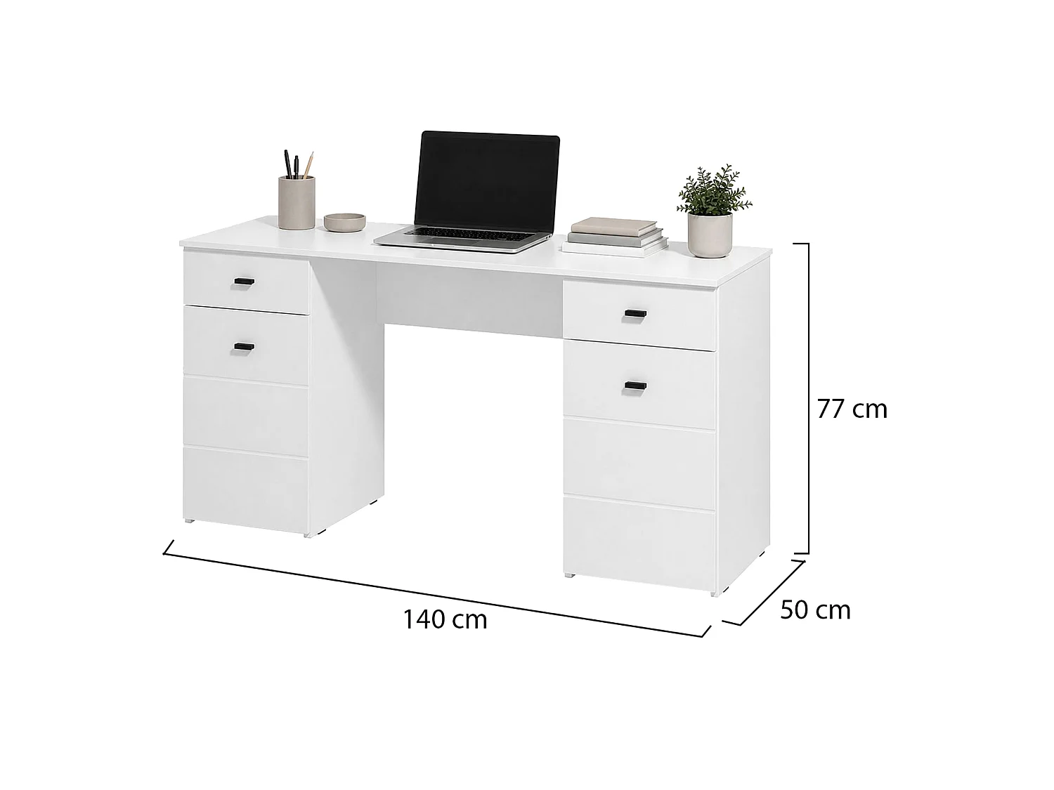 Scrivania Ziro, 2 Cassetti, 140x50x77h cm Bianco Opaco, 3 Ripiani, 2 Ante