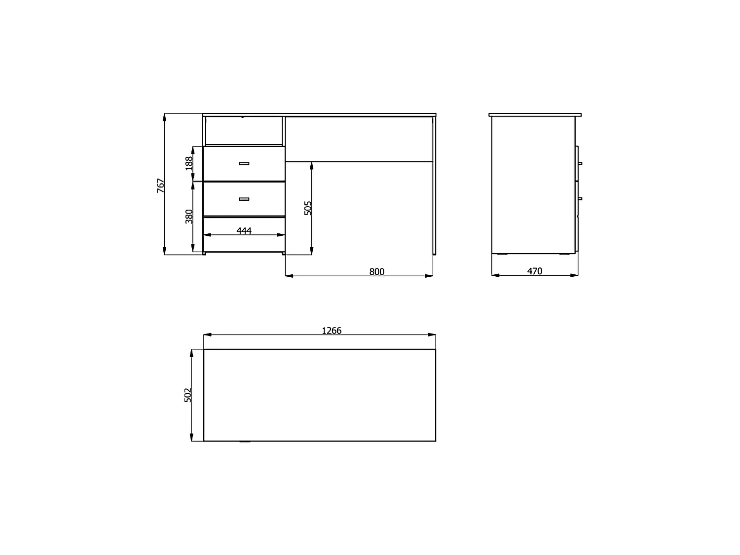Secrétaire Frutal, 2 tiroirs, 127x51x77h cm blanc mat, 2 étagères, un compartiment