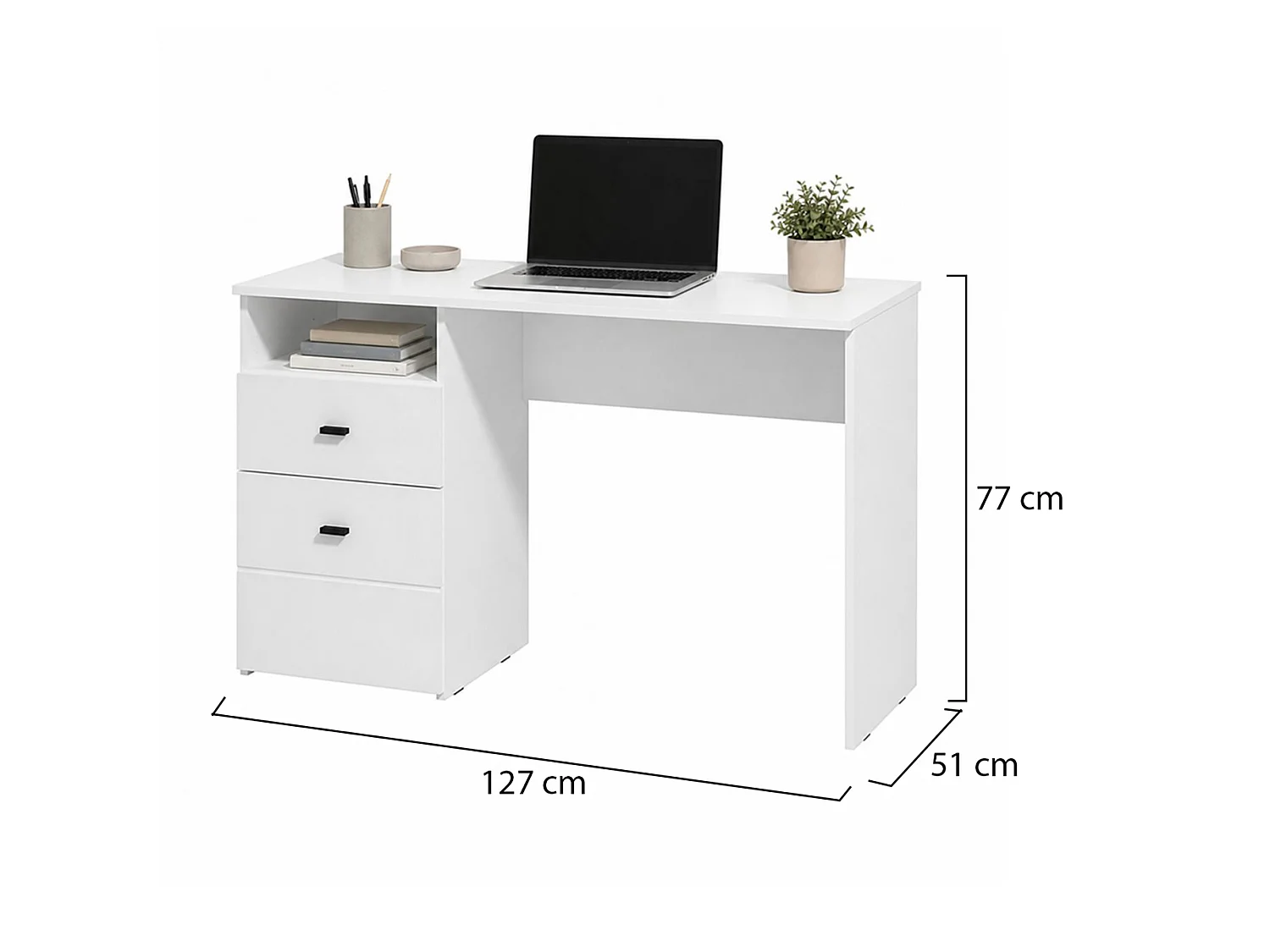 Secrétaire Frutal, 2 tiroirs, 127x51x77h cm blanc mat, 2 étagères, un compartiment