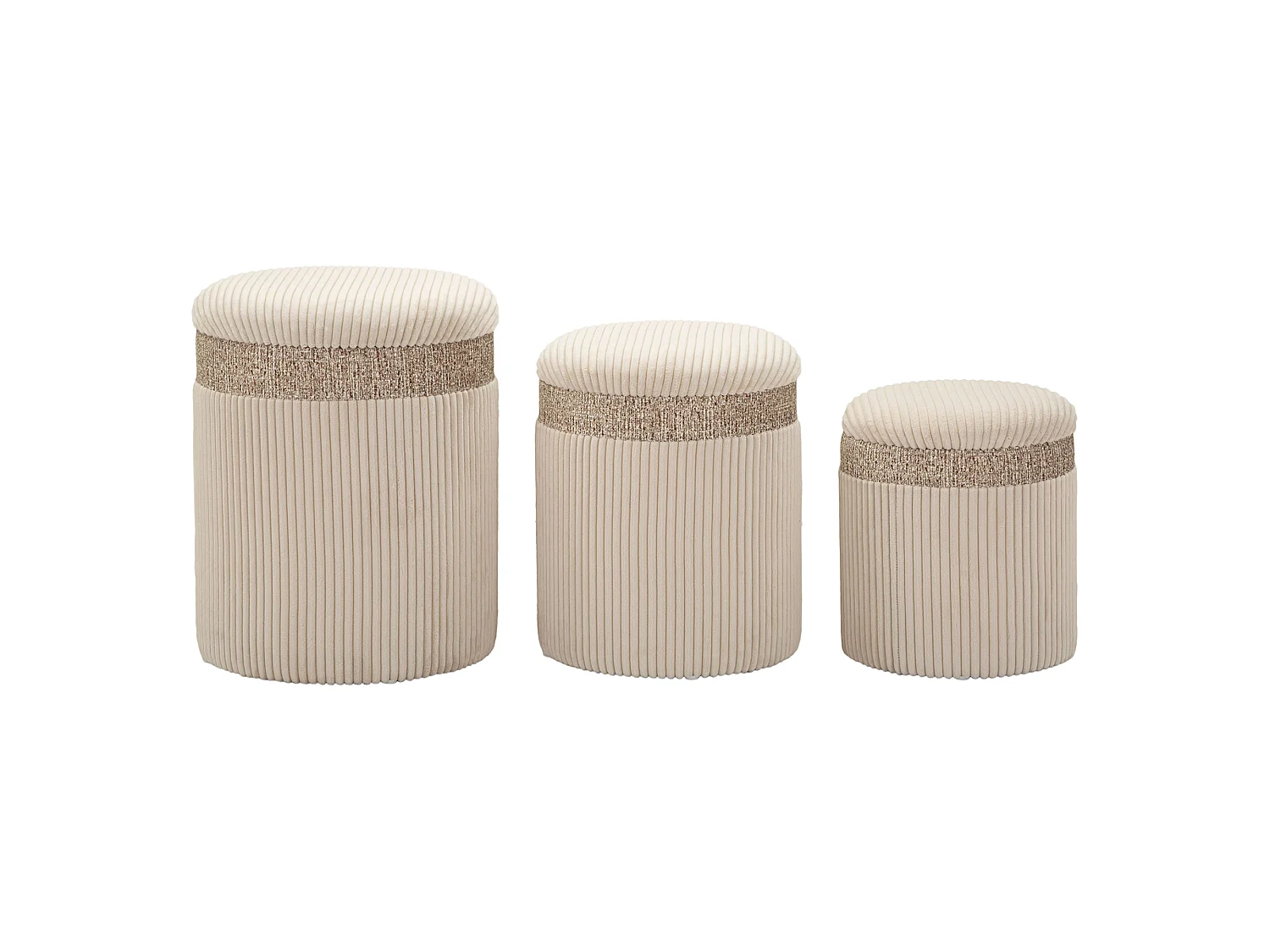 Pouf Coffre Ghanzi, set de 3, 41x41x50h cm Beige, Forme Ronde, Structure en Tissu