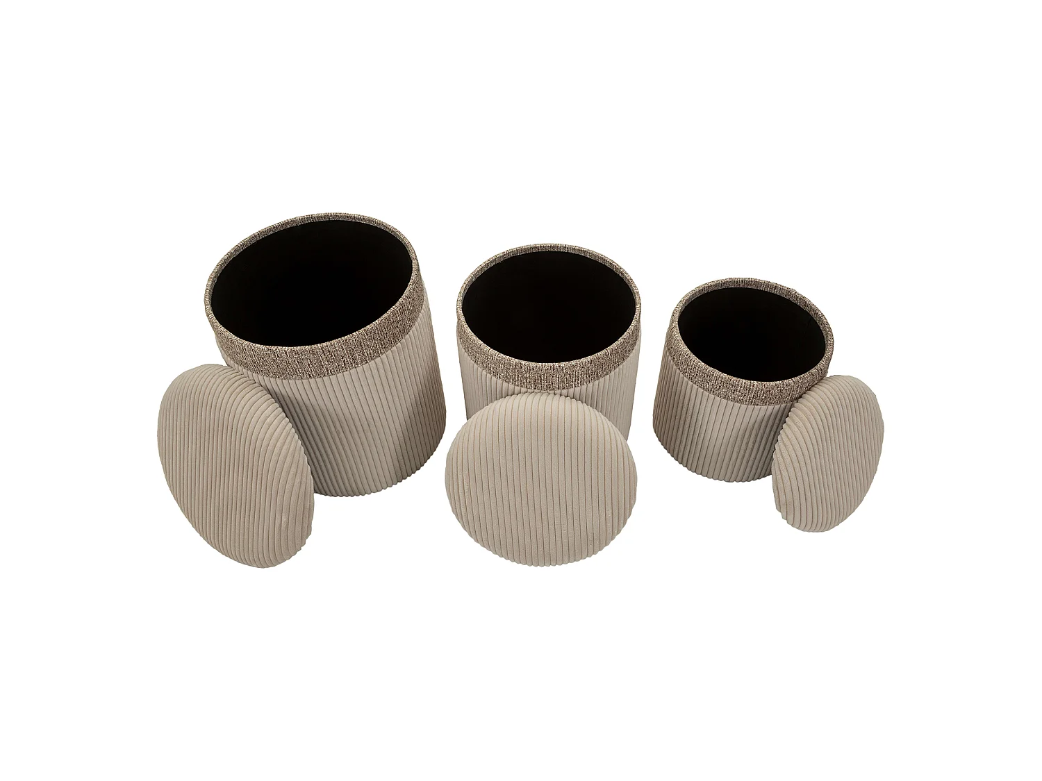 Pouf Coffre Ghanzi, set de 3, 41x41x50h cm Beige, Forme Ronde, Structure en Tissu