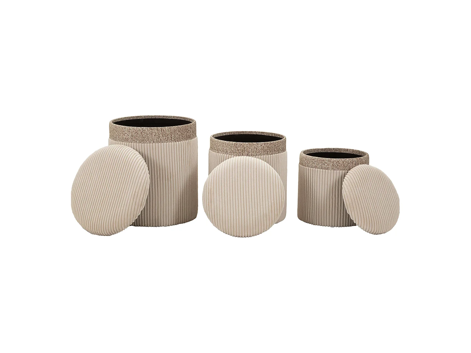 Pouf Coffre Ghanzi, set de 3, 41x41x50h cm Beige, Forme Ronde, Structure en Tissu