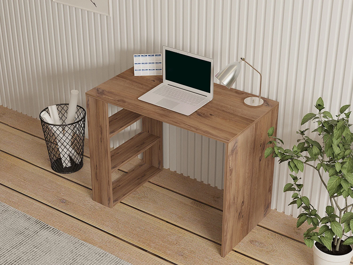 Schreibtisch Roghudi, 3 Regale, 90x50x70h cm Dunkel Eiche Braun, 2 Fächer, Regalfarbe Braun
