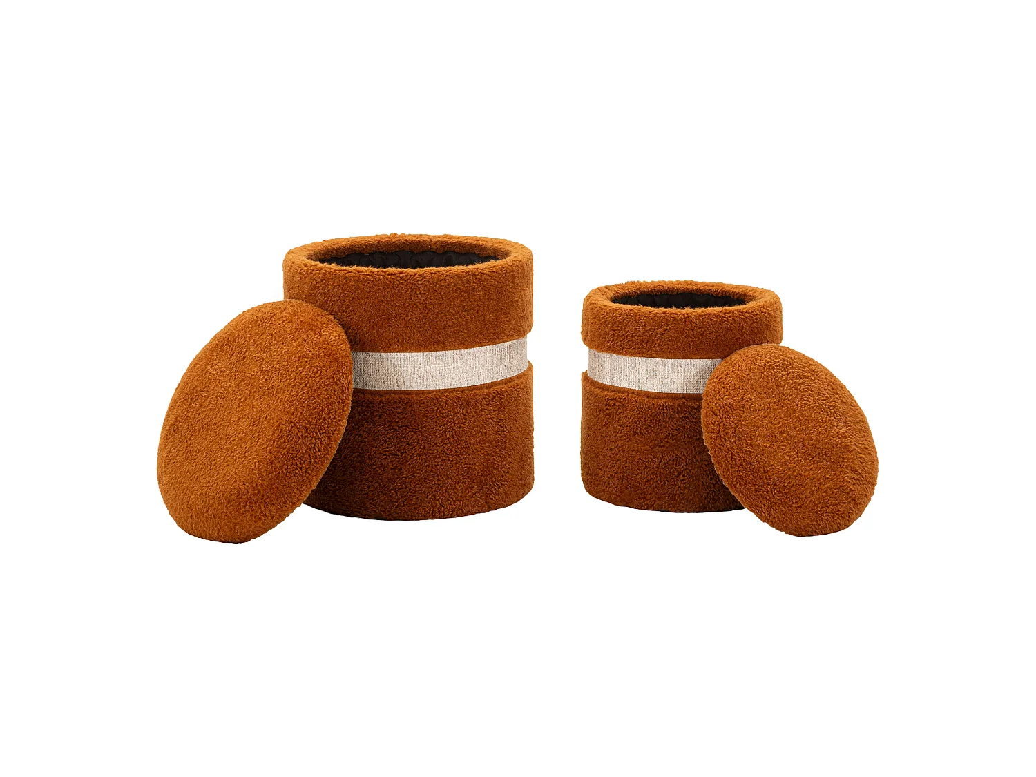 Pouf Coffre Luder, set de 2, 40x40x47h cm Marron Terracotta, Forme Ronde, Couleur Structure Beige