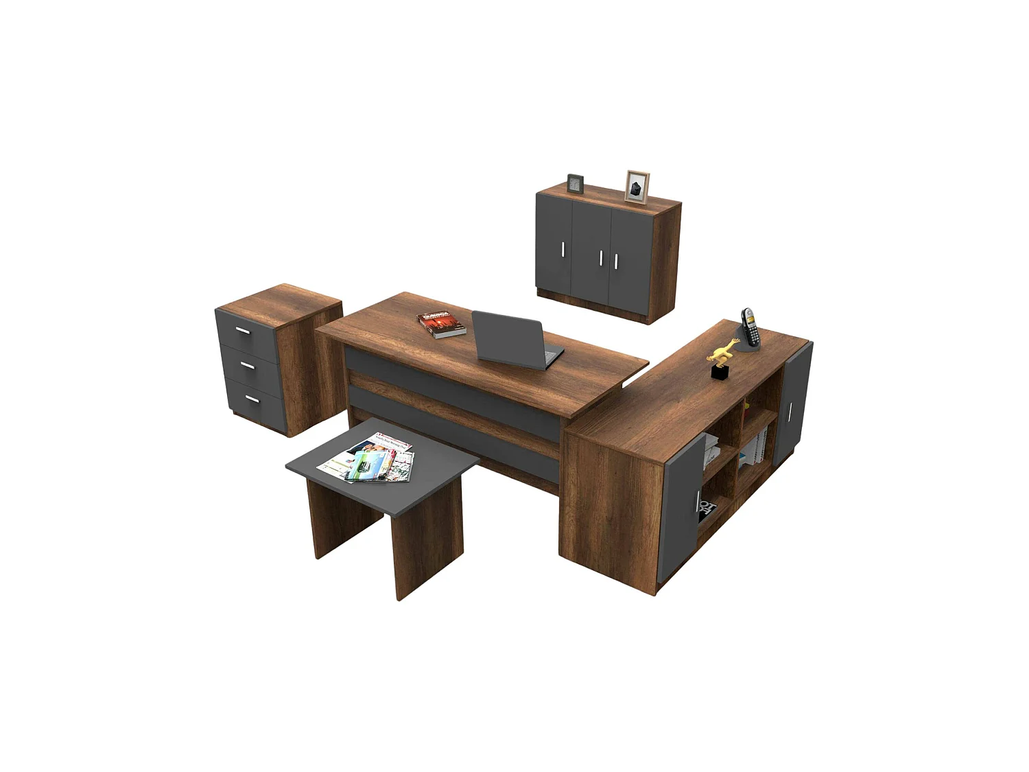 Büro-Set Nari, modulierbar, walnussbraun, 2 Ablagen, 3 Schubladen