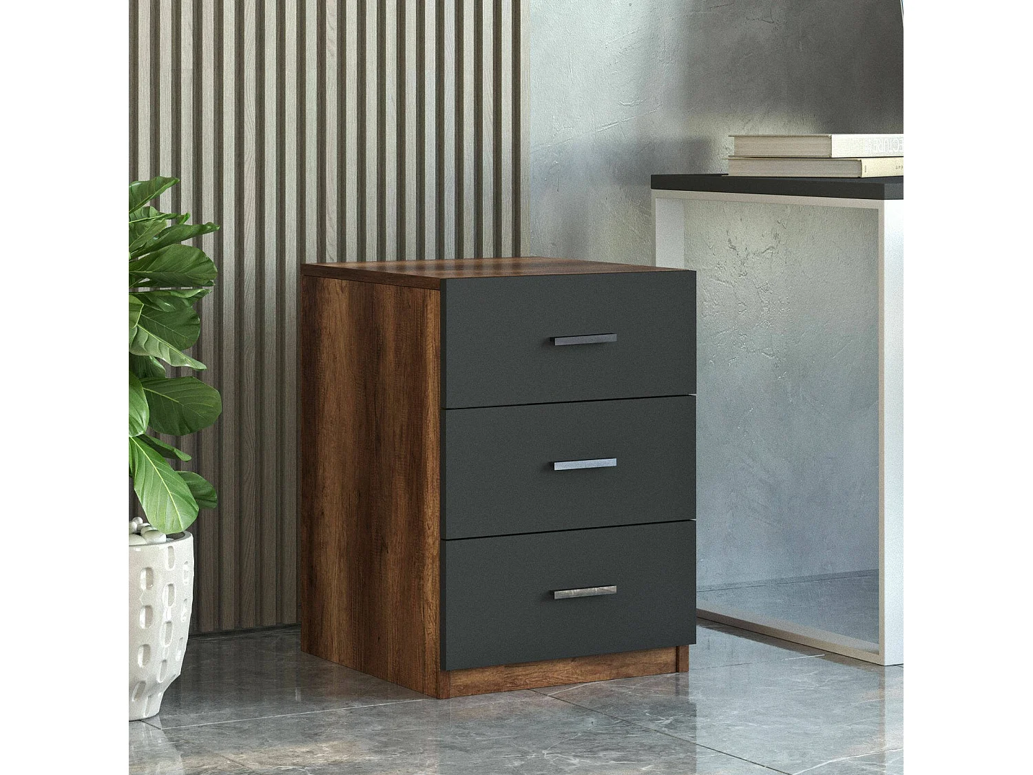 Büro-Set Nari, modulierbar, walnussbraun, 2 Ablagen, 3 Schubladen