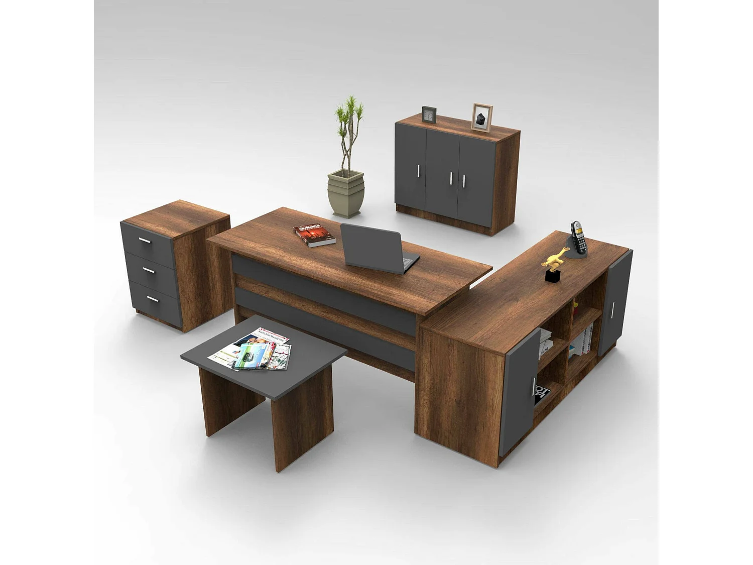 Büro-Set Nari, modulierbar, walnussbraun, 2 Ablagen, 3 Schubladen