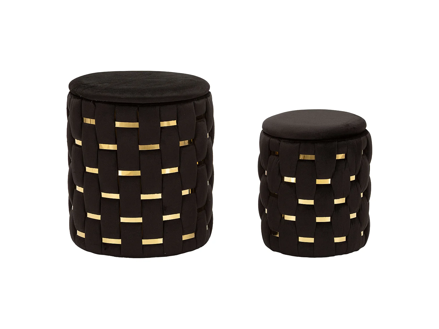 Pouf avec rangement Kasane, lot de 2, 37x37x42h cm Noir, Forme Ronde, Structure dorée