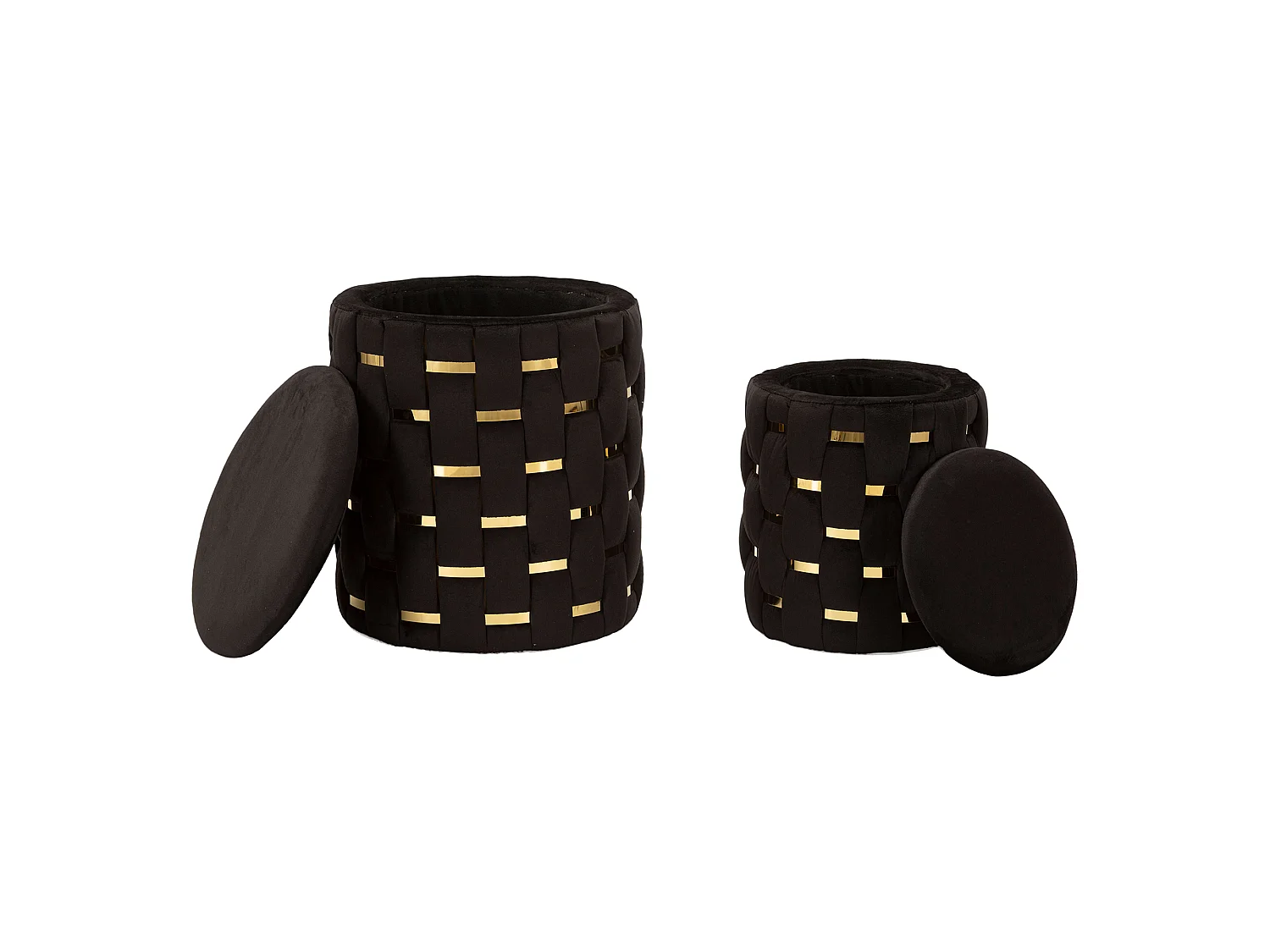 Pouf avec rangement Kasane, lot de 2, 37x37x42h cm Noir, Forme Ronde, Structure dorée