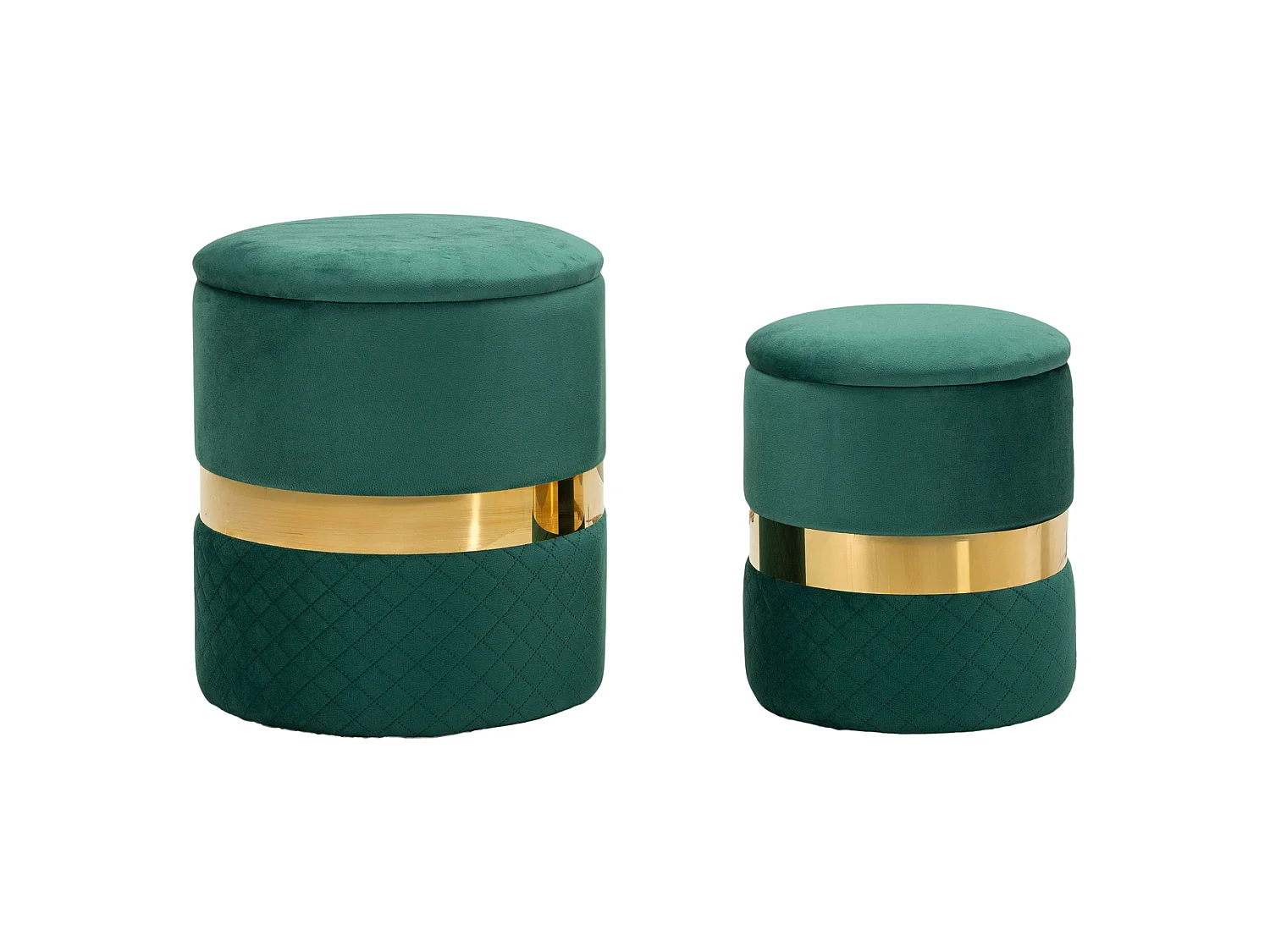 Set de 2 Poufs Coffres Maun, 37x37x42h cm Vert, Forme Ronde, Structure Couleur Or