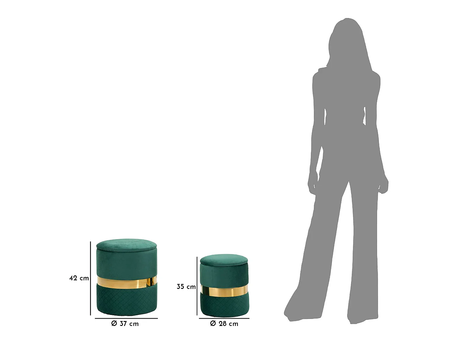 Set de 2 Poufs Coffres Maun, 37x37x42h cm Vert, Forme Ronde, Structure Couleur Or