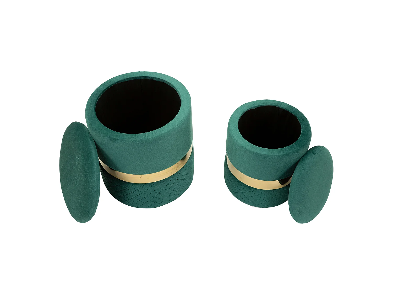 Set de 2 Poufs Coffres Maun, 37x37x42h cm Vert, Forme Ronde, Structure Couleur Or