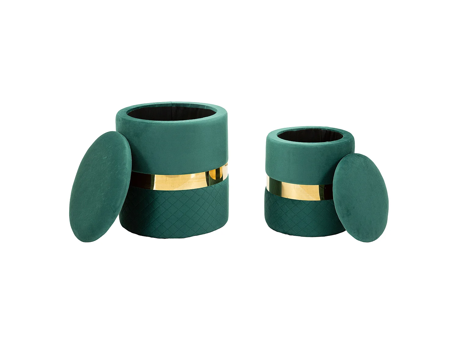 Set de 2 Poufs Coffres Maun, 37x37x42h cm Vert, Forme Ronde, Structure Couleur Or