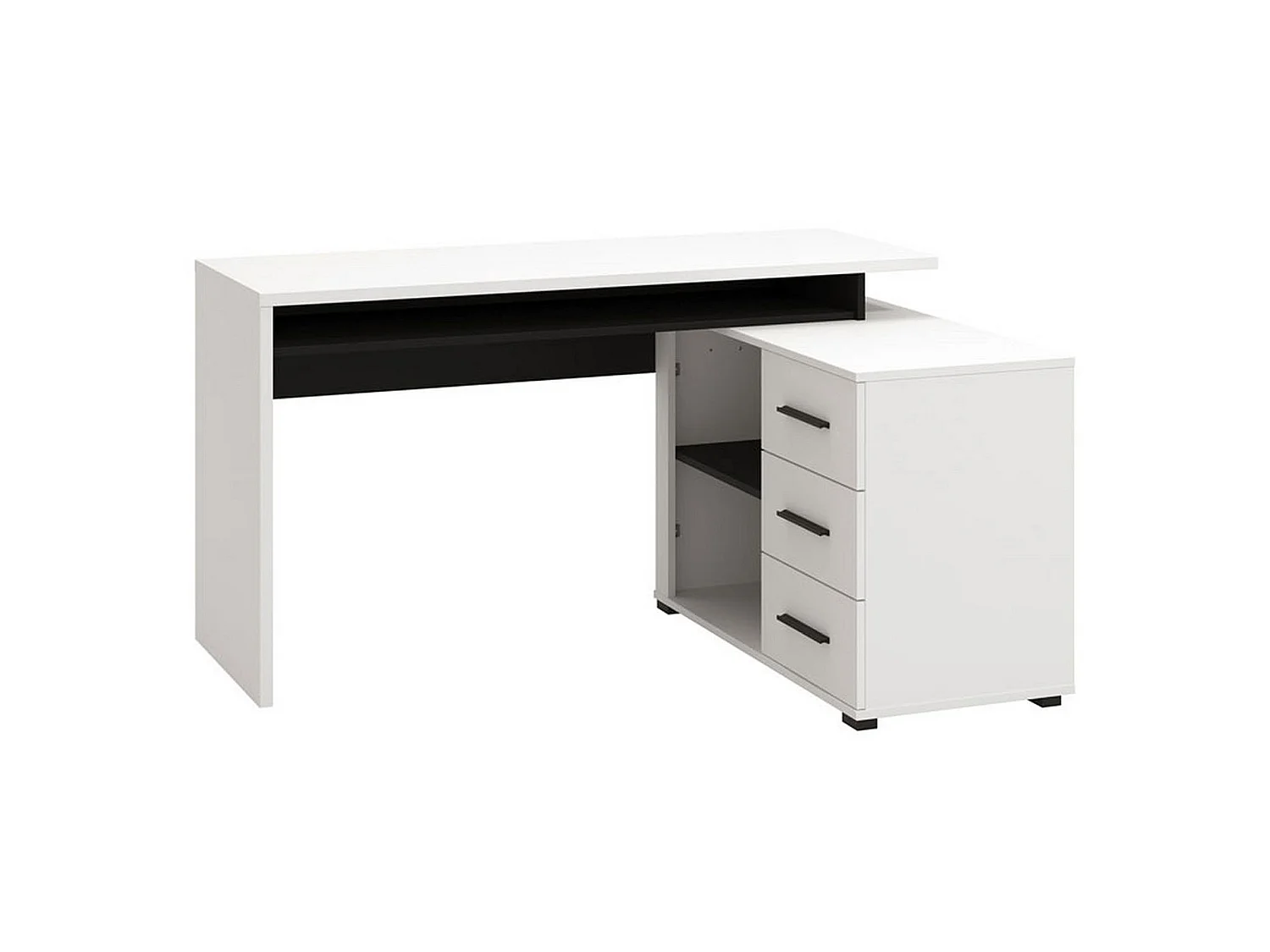 Bureau d'angle Sapri, 138x102x75h cm blanc mat, 3 étagères, 3 tiroirs