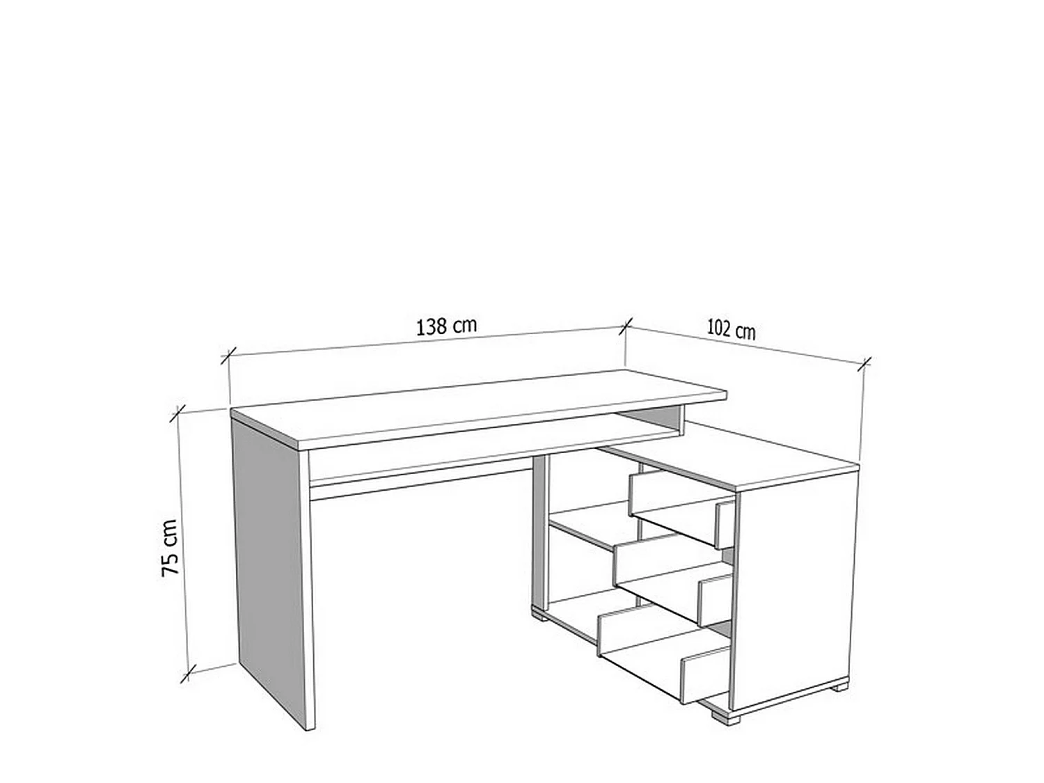 Bureau d'angle Sapri, 138x102x75h cm blanc mat, 3 étagères, 3 tiroirs