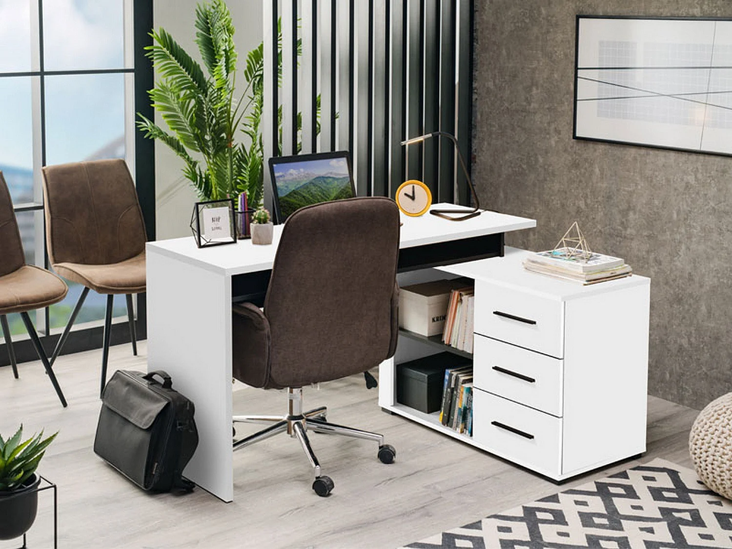 Bureau d'angle Sapri, 138x102x75h cm blanc mat, 3 étagères, 3 tiroirs