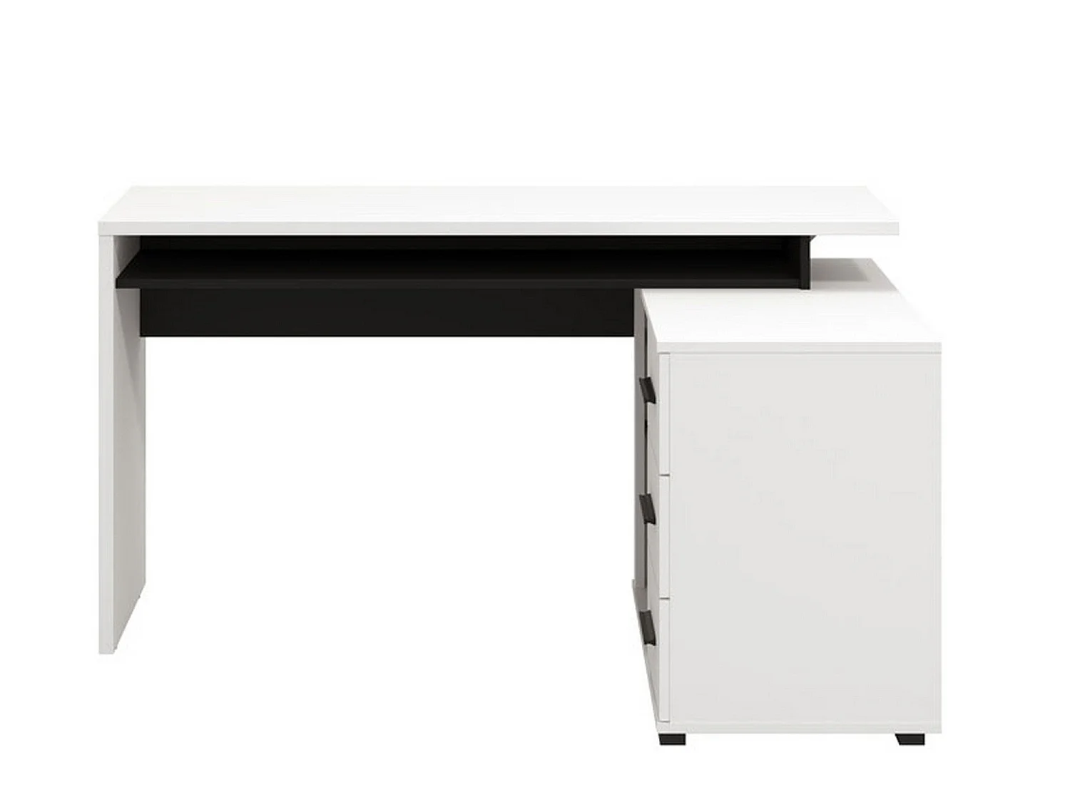 Bureau d'angle Sapri, 138x102x75h cm blanc mat, 3 étagères, 3 tiroirs