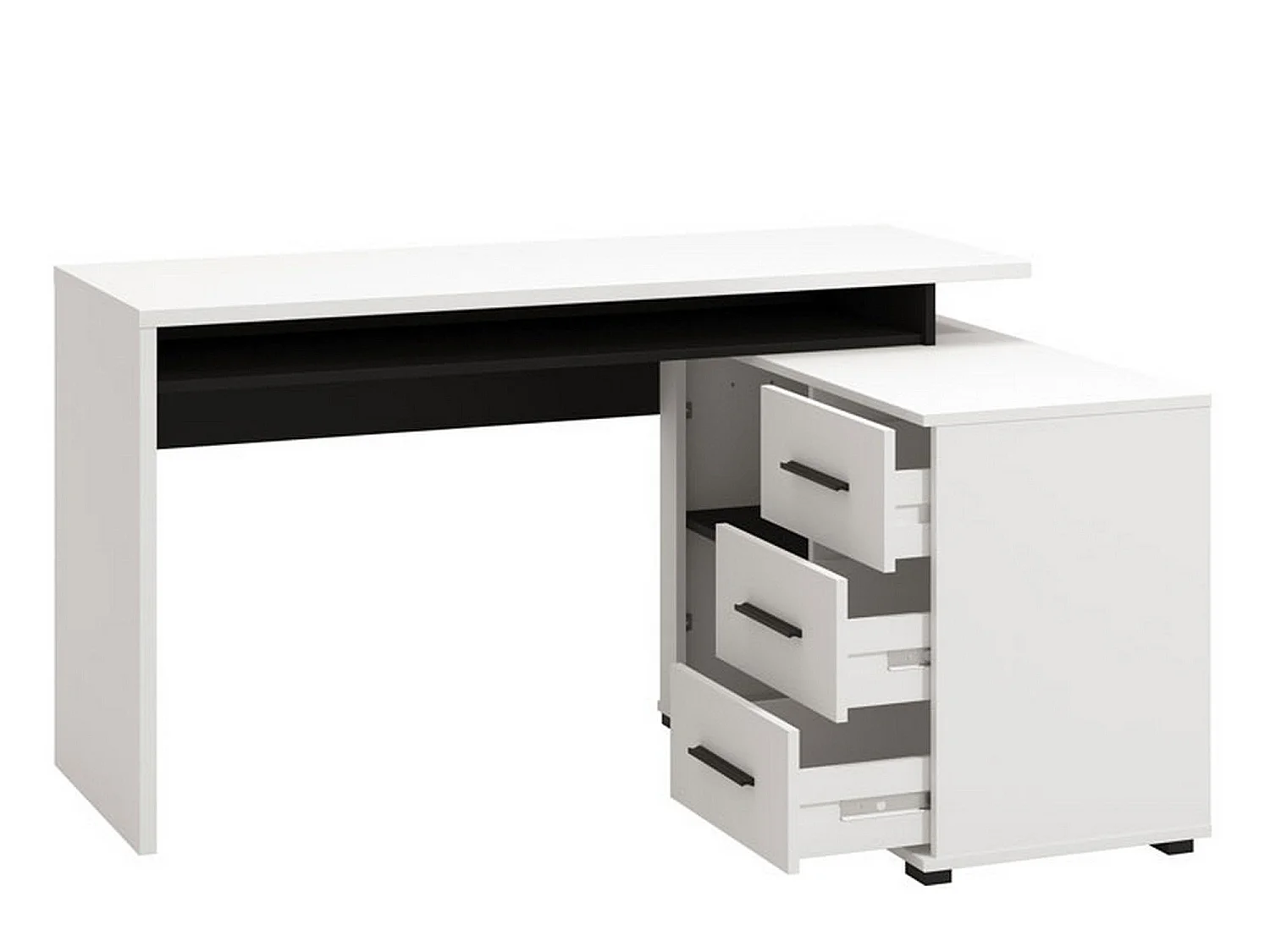 Bureau d'angle Sapri, 138x102x75h cm blanc mat, 3 étagères, 3 tiroirs