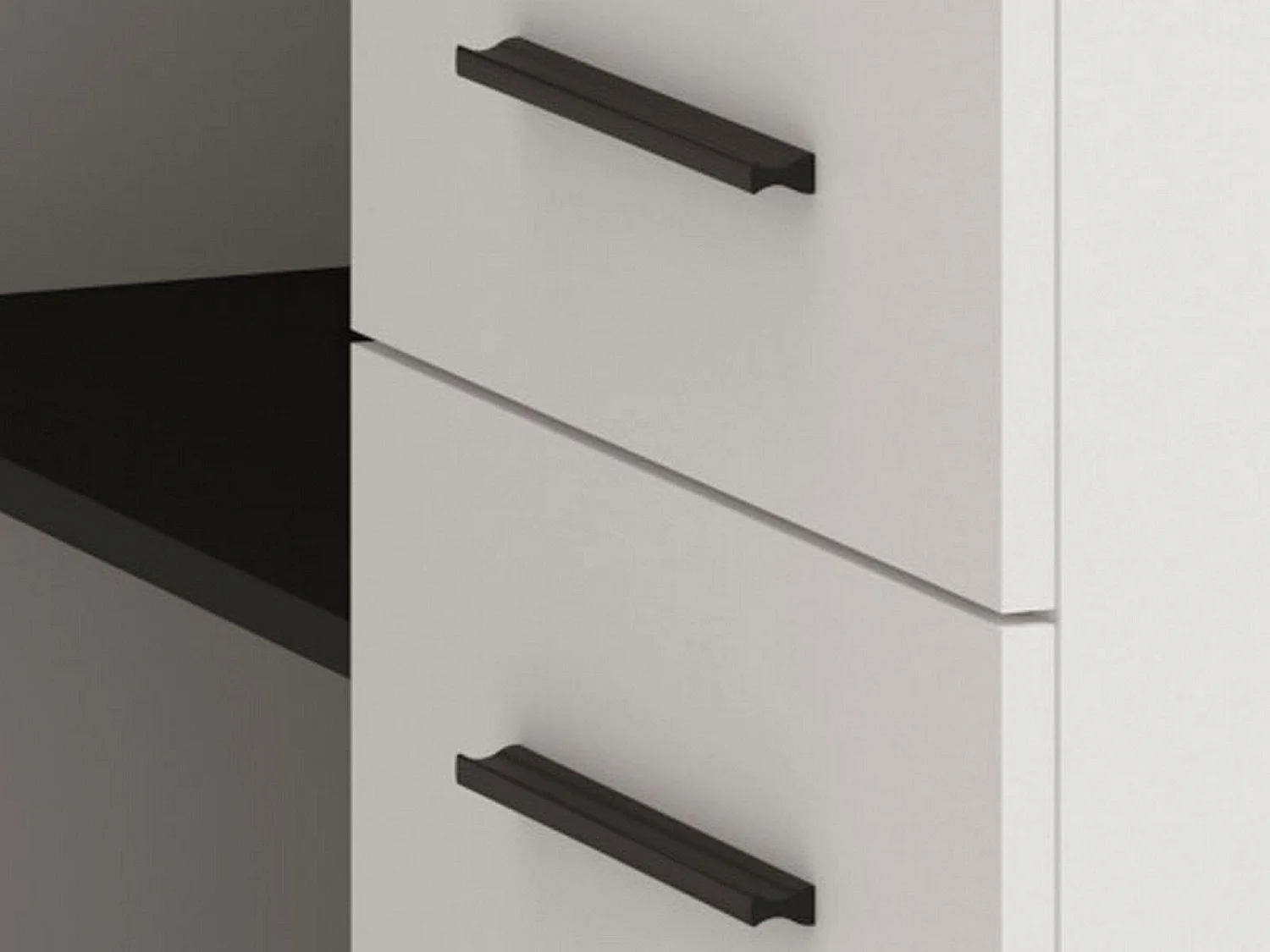 Bureau d'angle Sapri, 138x102x75h cm blanc mat, 3 étagères, 3 tiroirs