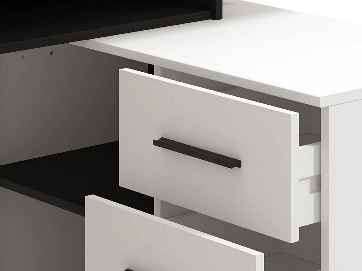Bureau d'angle Sapri, 138x102x75h cm blanc mat, 3 étagères, 3 tiroirs