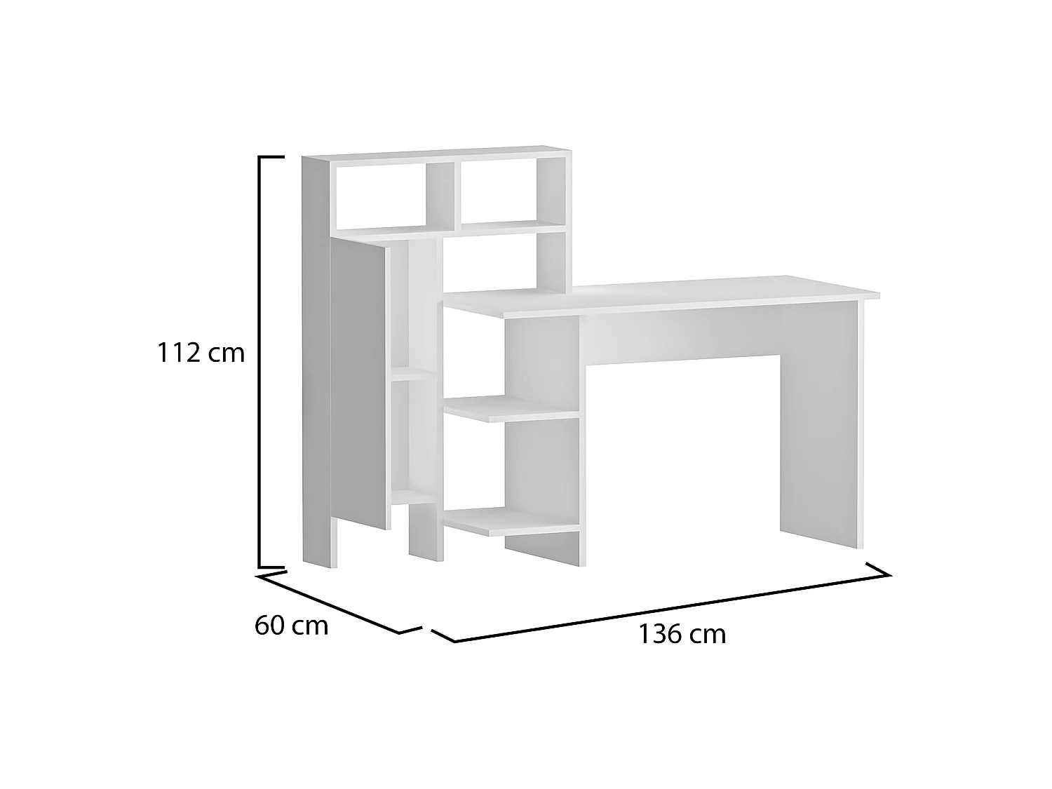 Scrivania Cremella, 6 Ripiani, 136x60x112h cm Bianco, Un'anta, 7 Vani