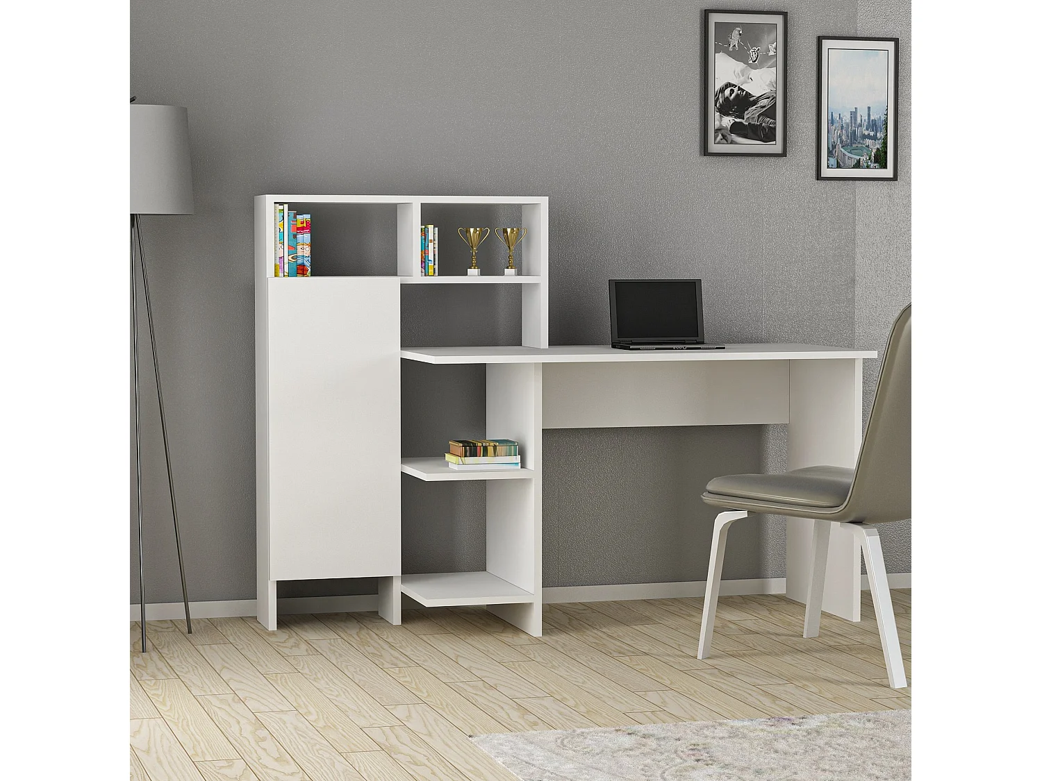Scrivania Cremella, 6 Ripiani, 136x60x112h cm Bianco, Un'anta, 7 Vani