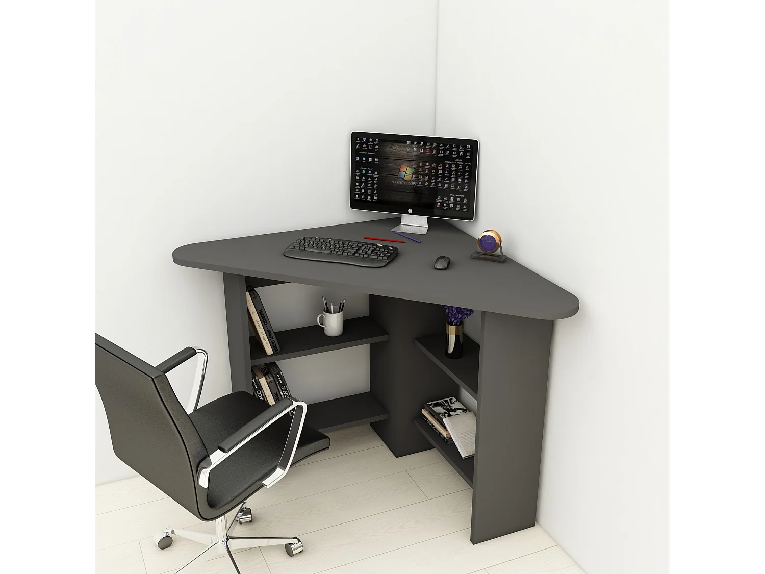 Scrivania Panchia, 5 Ripiani, 80x80x74h cm Nero Antracite, Angolare, 4 Vani