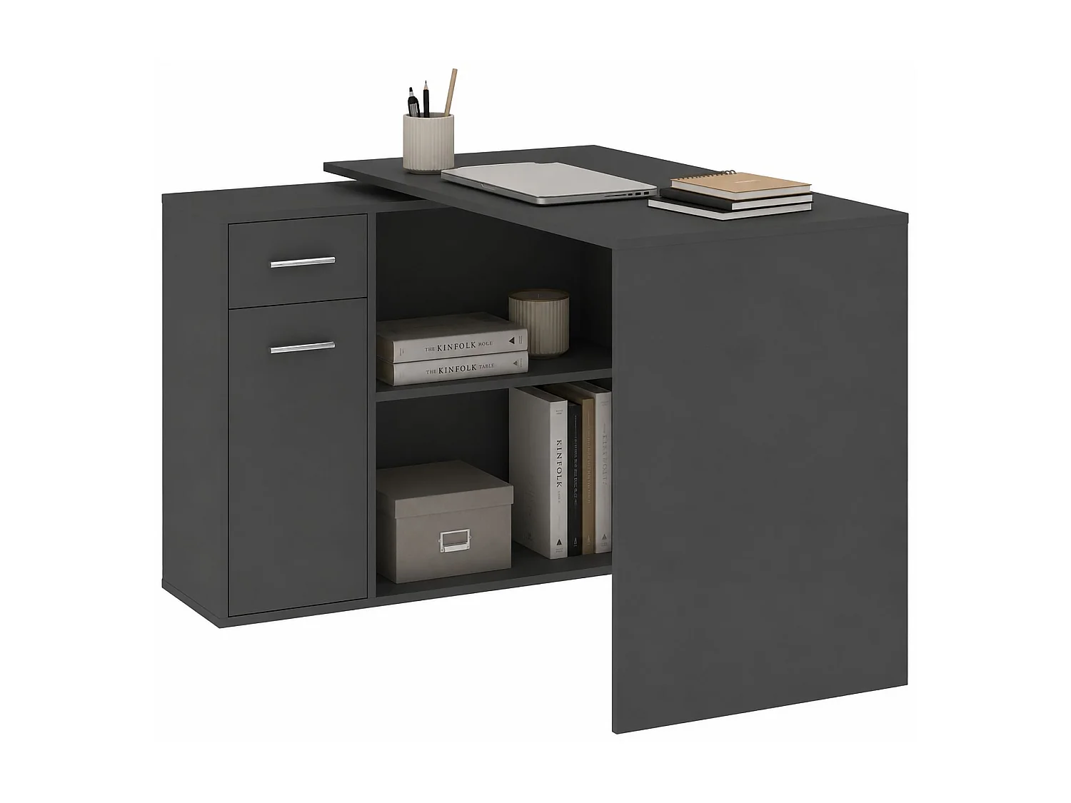 Schreibtisch Linaza, Eckform, 120x92x74h cm Schwarz Anthrazit, eine Schublade, 2 Regale