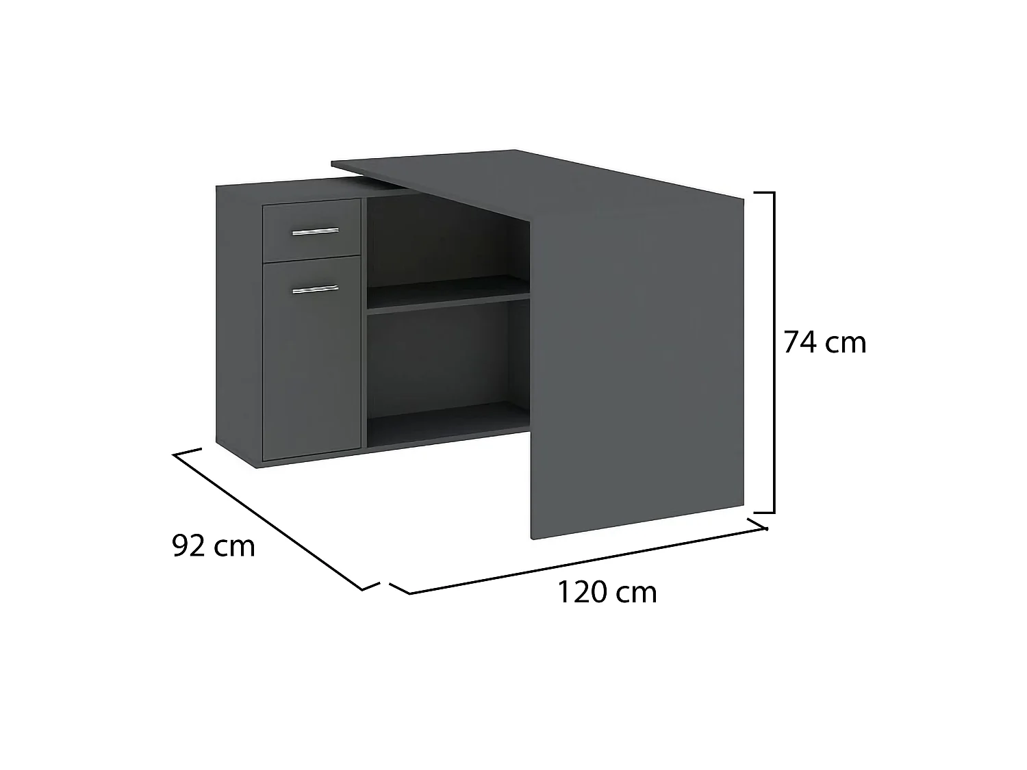 Schreibtisch Linaza, Eckform, 120x92x74h cm Schwarz Anthrazit, eine Schublade, 2 Regale