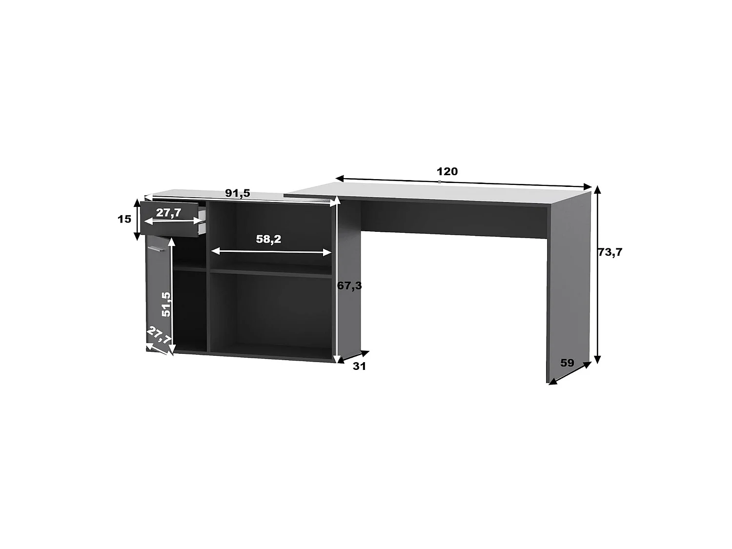 Schreibtisch Linaza, Eckform, 120x92x74h cm Schwarz Anthrazit, eine Schublade, 2 Regale